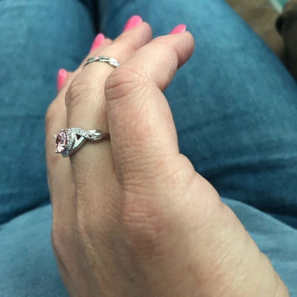 Pink & White Cubic Zirconia Antique Style Engagement Ring Silver Tone Round Halo